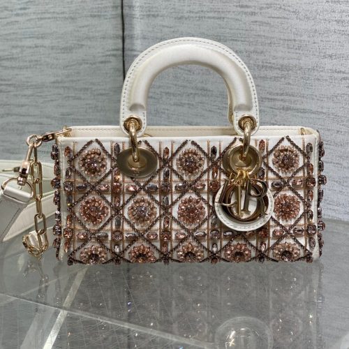 MINI 22 LADY BAG IN WHITE SATIN WITH COLORFUL EMBROIDERED BEADWORK