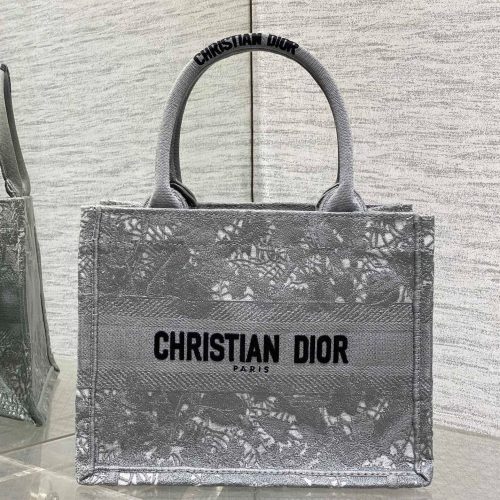 CD Small Dior Book Tote Scotland’s National Flower Pattern Grey Cotton