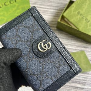 OPHIDIA GG 12 CARD CASE DARK BLUE CANVAS AND BLACK CALFSKIN