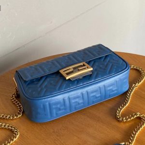 Fendi Baguette 24 Bag With FF Motif Blue Leather Ghw