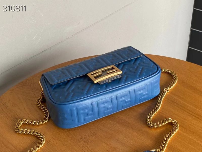 Fendi Baguette 24 Bag With FF Motif Blue Leather Ghw