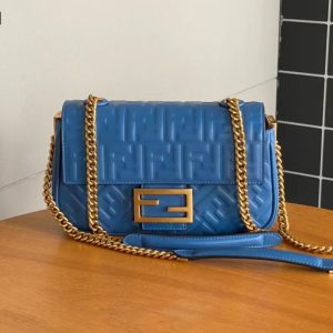Fendi Baguette 24 Bag With FF Motif Blue Leather Ghw