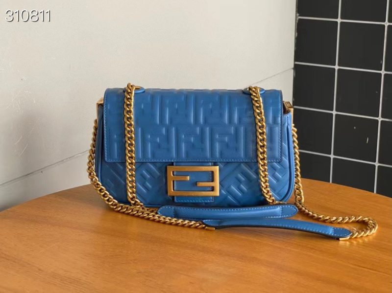 Fendi Baguette 24 Bag With FF Motif Blue Leather Ghw