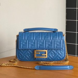 Fendi Baguette 24 Bag With FF Motif Blue Leather Ghw