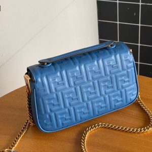 Fendi Baguette 24 Bag With FF Motif Blue Leather Ghw
