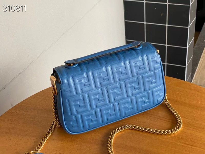 Fendi Baguette 24 Bag With FF Motif Blue Leather Ghw