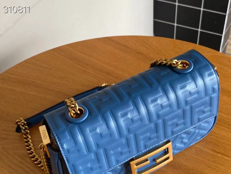 Fendi Baguette 24 Bag With FF Motif Blue Leather Ghw