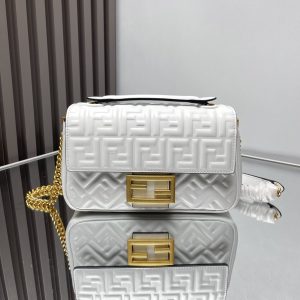 Fendi Baguette 24 Bag With FF Motif White Leather Ghw