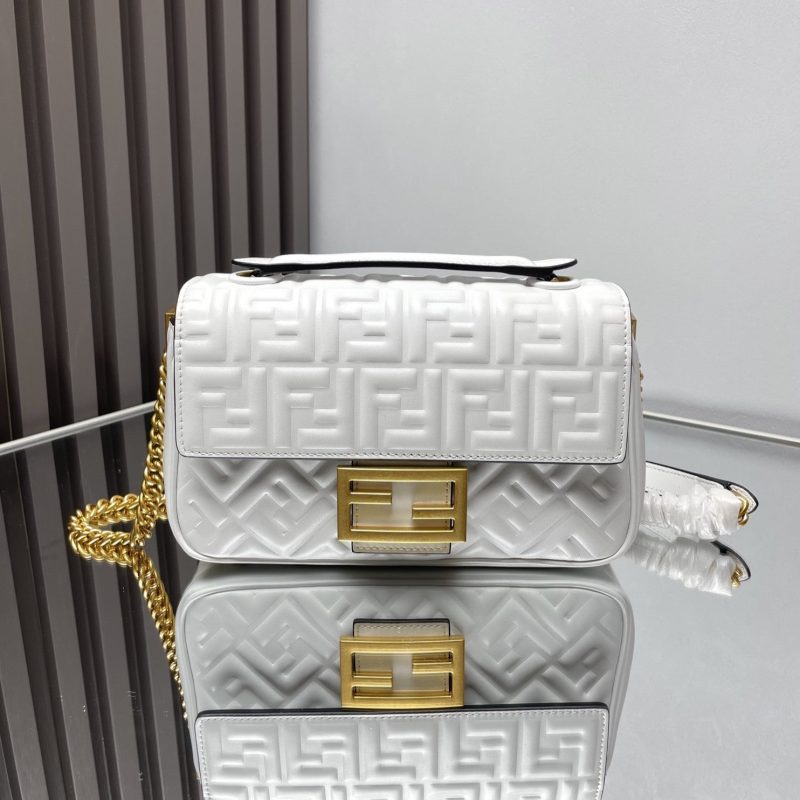 Fendi Baguette 24 Bag With FF Motif White Leather Ghw