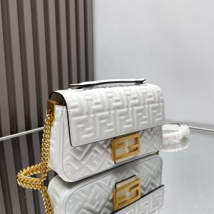 Fendi Baguette 24 Bag With FF Motif White Leather Ghw