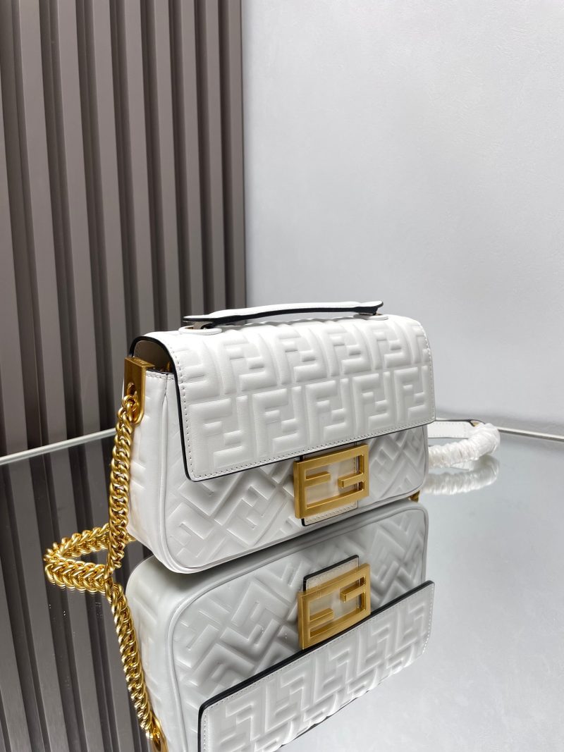 Fendi Baguette 24 Bag With FF Motif White Leather Ghw