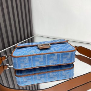 Fendi Baguette Blue Brown Canvas Bag 27 with FF Embroidery Ghw