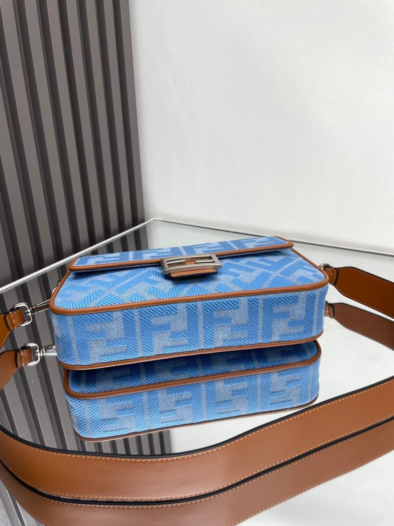 Fendi Baguette Blue Brown Canvas Bag 27 with FF Embroidery Ghw