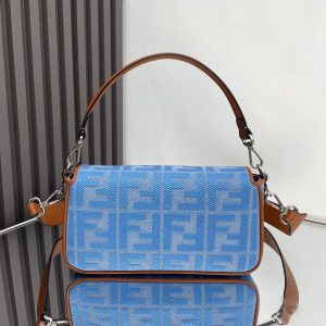 Fendi Baguette Blue Brown Canvas Bag 27 with FF Embroidery Ghw