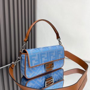 Fendi Baguette Blue Brown Canvas Bag 27 with FF Embroidery Ghw