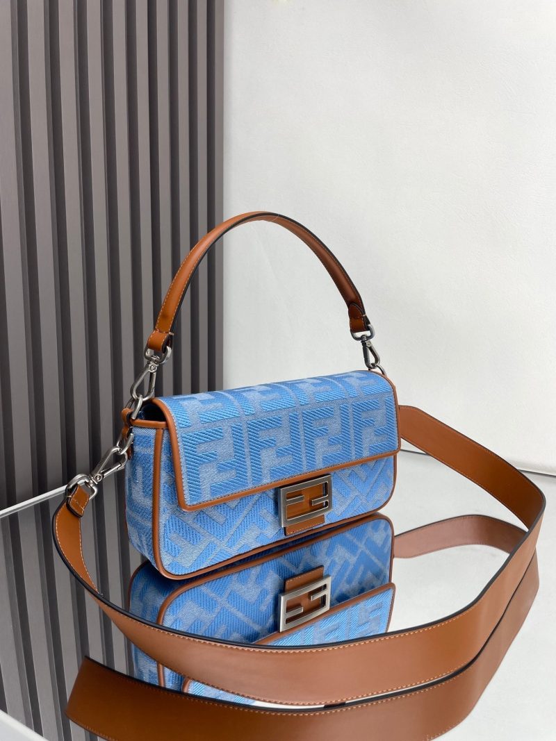 Fendi Baguette Blue Brown Canvas Bag 27 with FF Embroidery Ghw