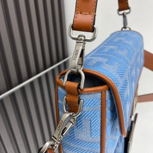 Fendi Baguette Blue Brown Canvas Bag 27 with FF Embroidery Ghw