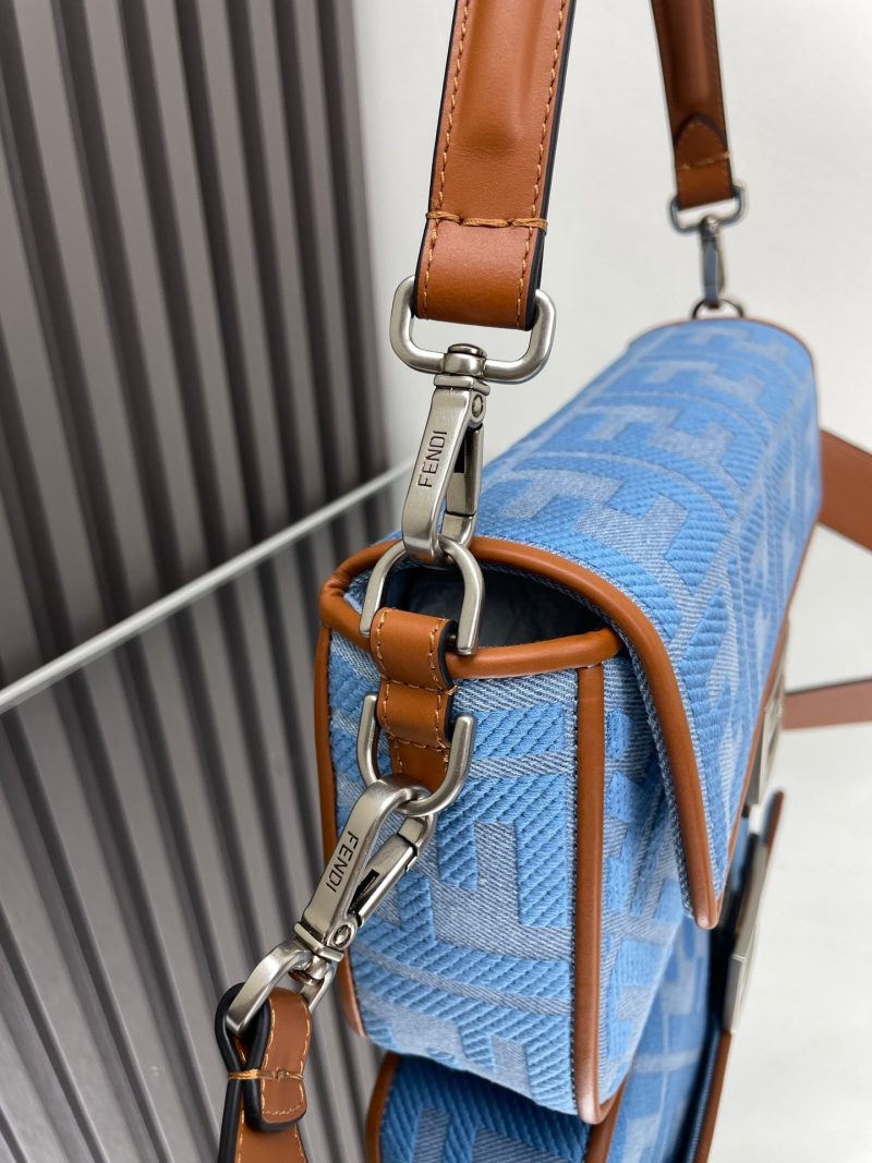 Fendi Baguette Blue Brown Canvas Bag 27 with FF Embroidery Ghw