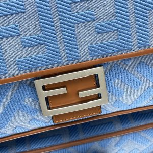 Fendi Baguette Blue Brown Canvas Bag 27 with FF Embroidery Ghw