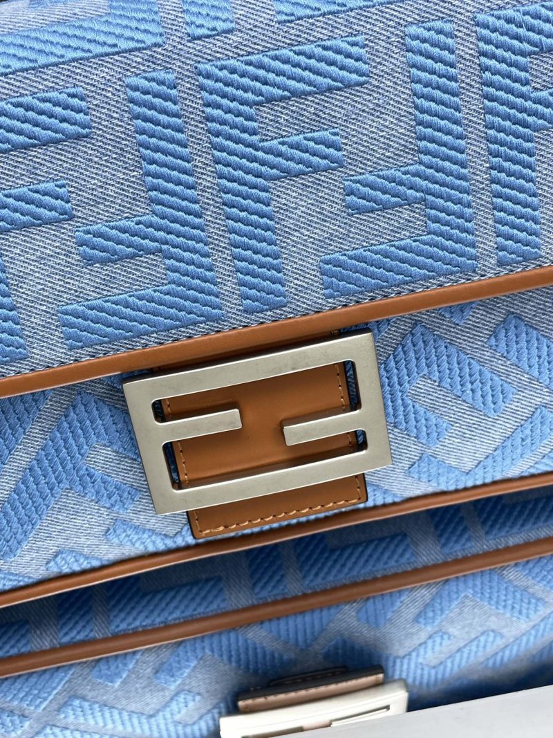 Fendi Baguette Blue Brown Canvas Bag 27 with FF Embroidery Ghw