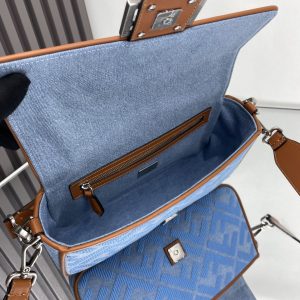 Fendi Baguette Blue Brown Canvas Bag 27 with FF Embroidery Ghw
