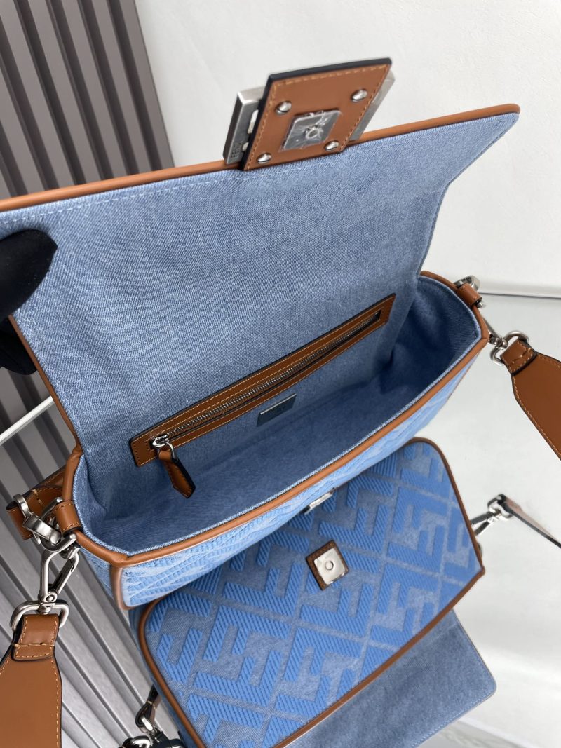 Fendi Baguette Blue Brown Canvas Bag 27 with FF Embroidery Ghw