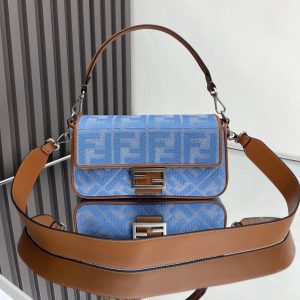 Fendi Baguette Blue Brown Canvas Bag 27 with FF Embroidery Ghw