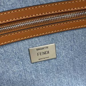 Fendi Baguette Blue Brown Canvas Bag 27 with FF Embroidery Ghw