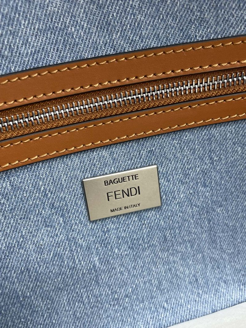 Fendi Baguette Blue Brown Canvas Bag 27 with FF Embroidery Ghw
