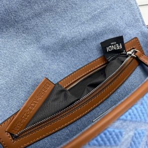Fendi Baguette Blue Brown Canvas Bag 27 with FF Embroidery Ghw