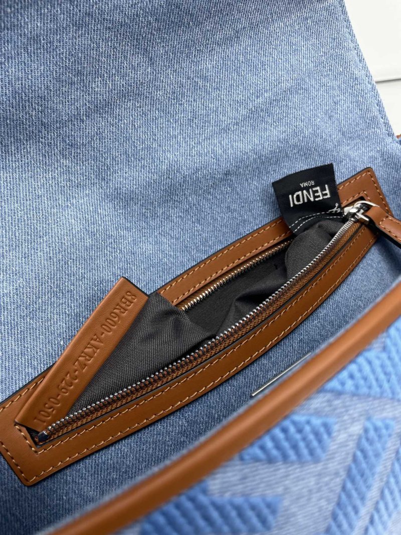 Fendi Baguette Blue Brown Canvas Bag 27 with FF Embroidery Ghw