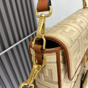 Fendi Baguette Gold Tan Canvas Bag 27 with FF Embroidery Ghw