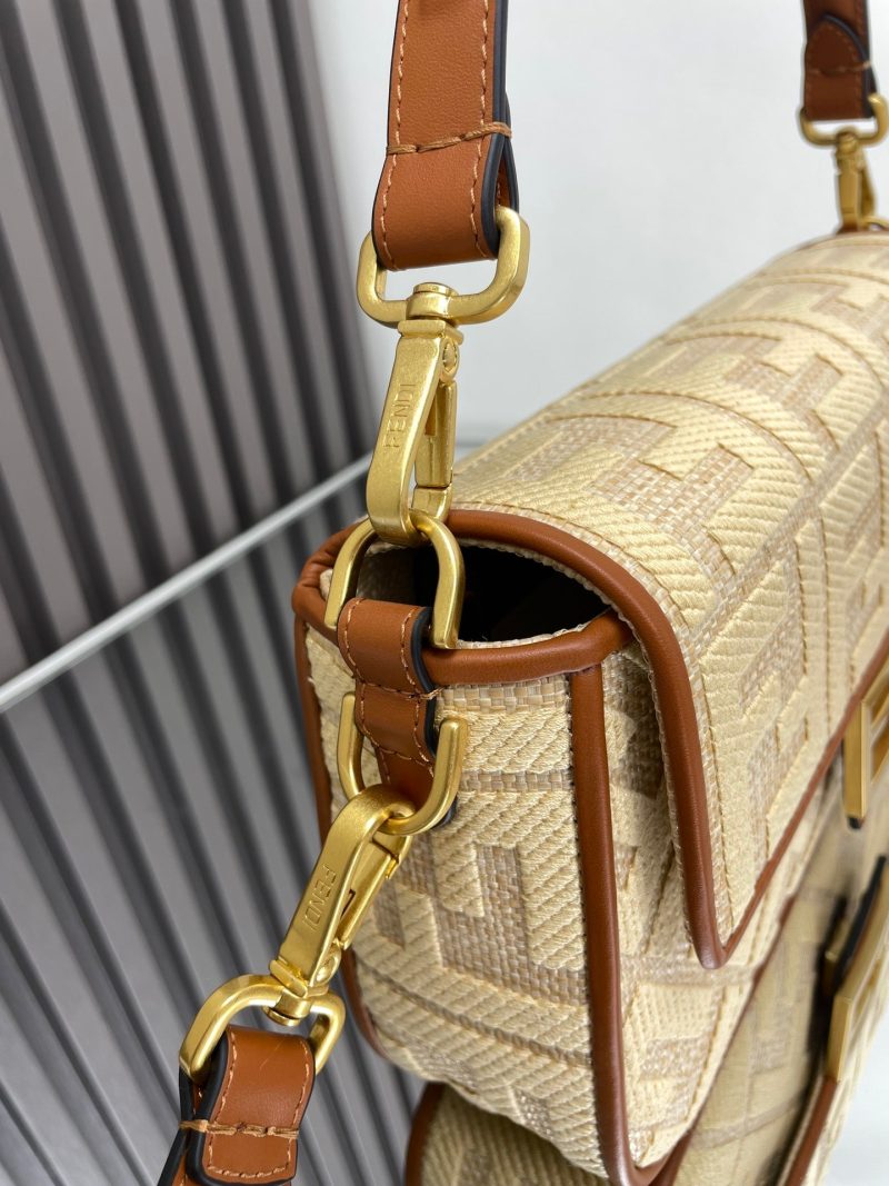 Fendi Baguette Gold Tan Canvas Bag 27 with FF Embroidery Ghw