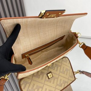 Fendi Baguette Gold Tan Canvas Bag 27 with FF Embroidery Ghw