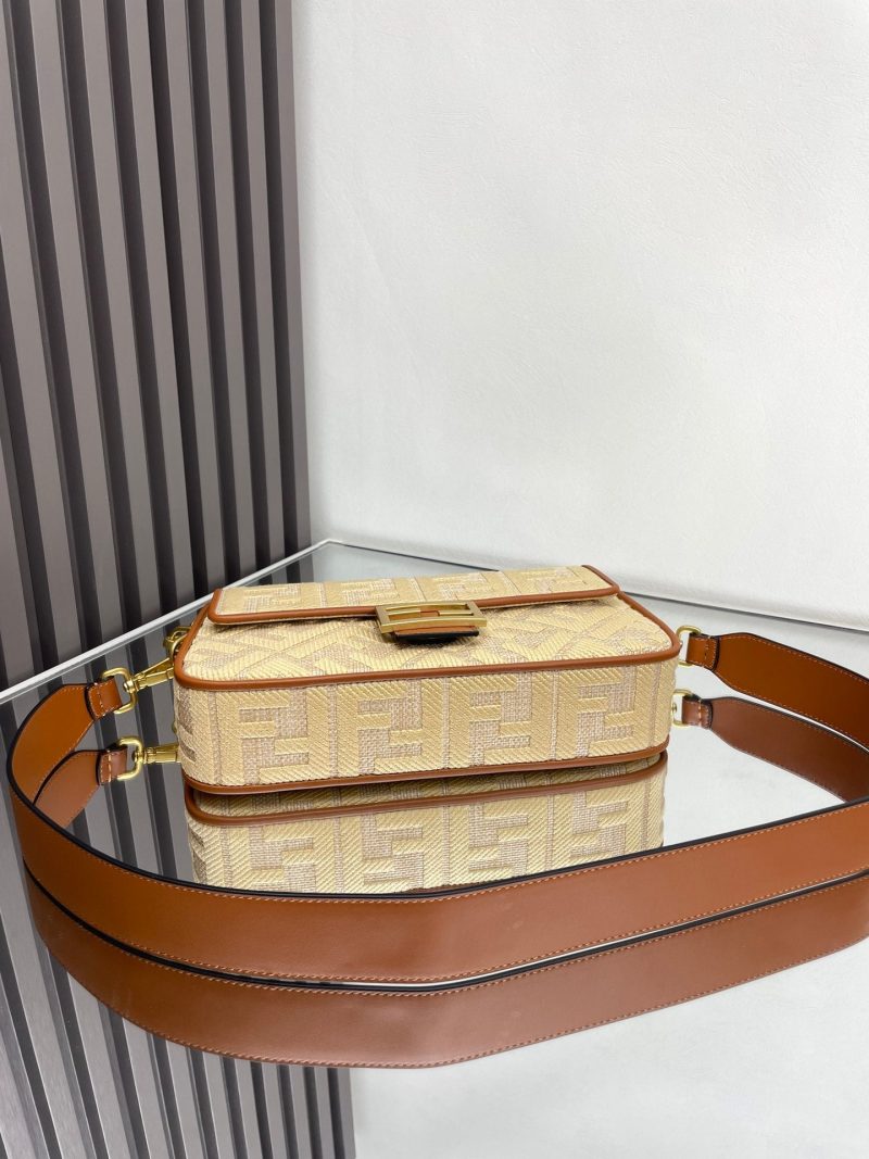 Fendi Baguette Gold Tan Canvas Bag 27 with FF Embroidery Ghw