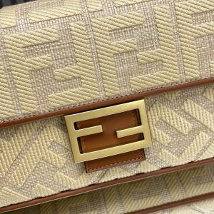 Fendi Baguette Gold Tan Canvas Bag 27 with FF Embroidery Ghw