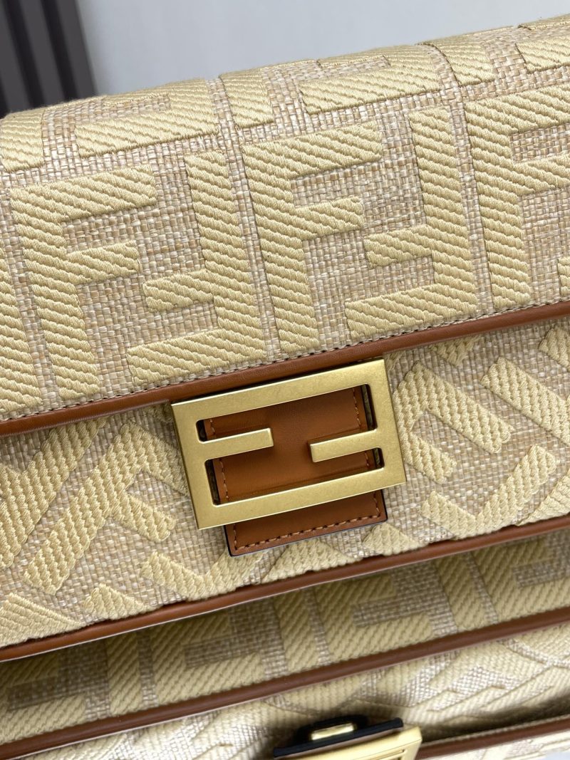 Fendi Baguette Gold Tan Canvas Bag 27 with FF Embroidery Ghw
