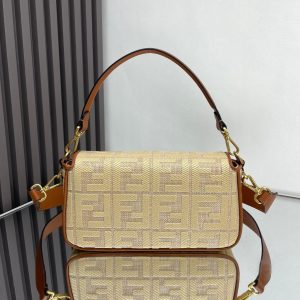 Fendi Baguette Gold Tan Canvas Bag 27 with FF Embroidery Ghw