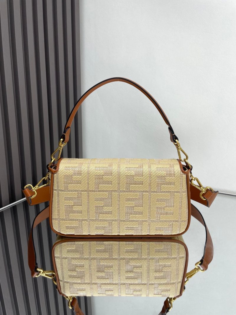 Fendi Baguette Gold Tan Canvas Bag 27 with FF Embroidery Ghw
