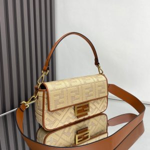 Fendi Baguette Gold Tan Canvas Bag 27 with FF Embroidery Ghw