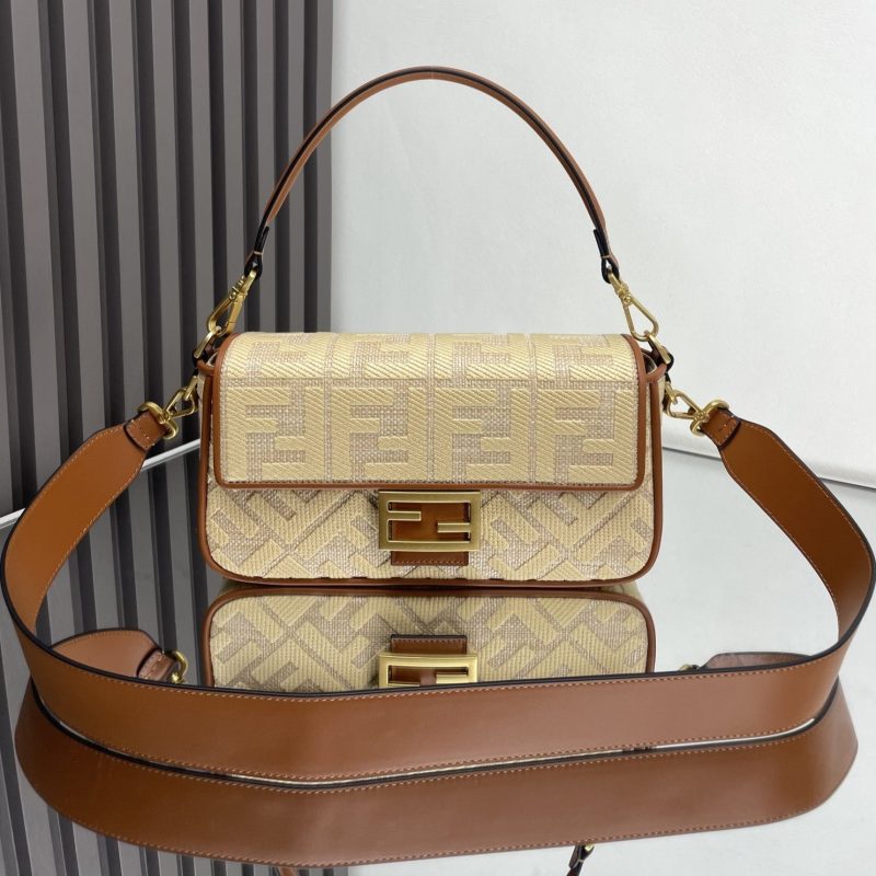 Fendi Baguette Gold Tan Canvas Bag 27 with FF Embroidery Ghw
