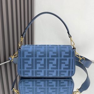 Fendi Baguette Blue Canvas Bag 27 with FF Embroidery Ghw