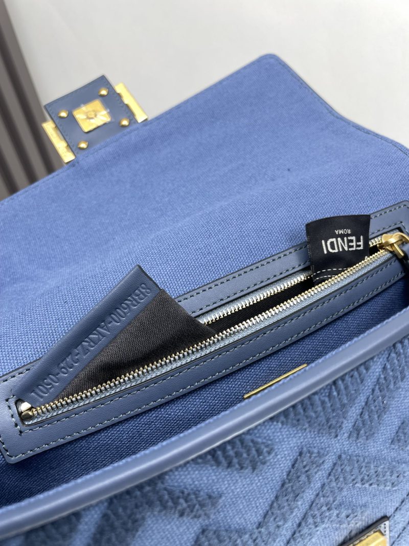 Fendi Baguette Blue Canvas Bag 27 with FF Embroidery Ghw