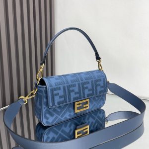 Fendi Baguette Blue Canvas Bag 27 with FF Embroidery Ghw