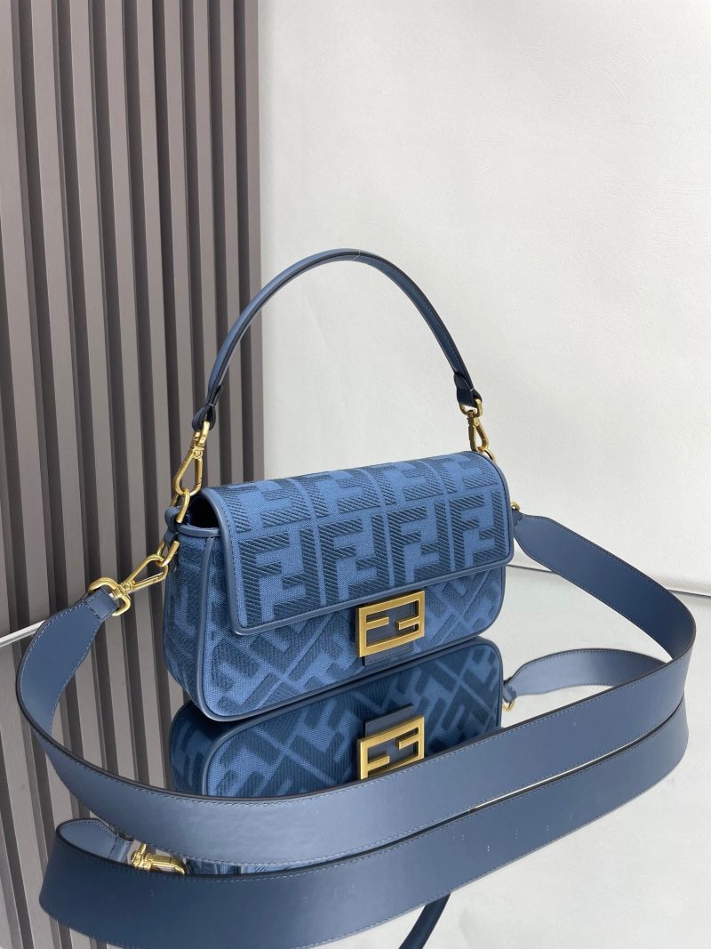 Fendi Baguette Blue Canvas Bag 27 with FF Embroidery Ghw