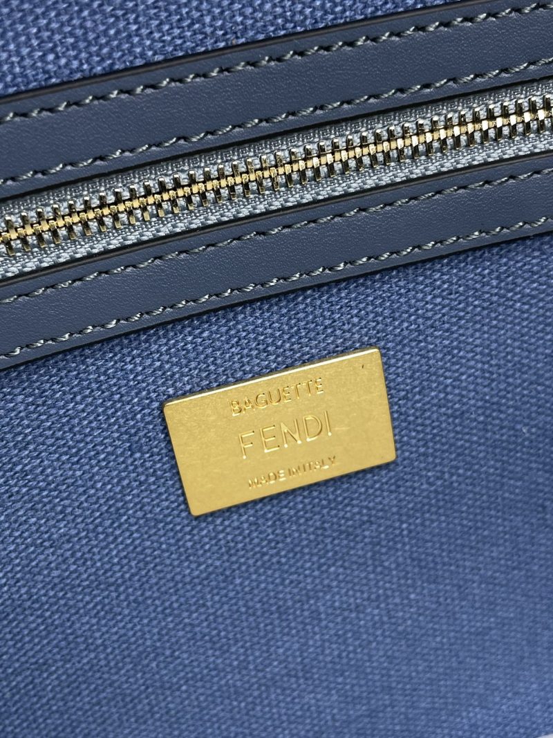 Fendi Baguette Blue Canvas Bag 27 with FF Embroidery Ghw
