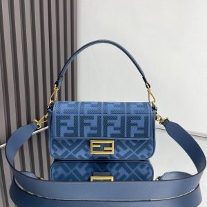 Fendi Baguette Blue Canvas Bag 27 with FF Embroidery Ghw