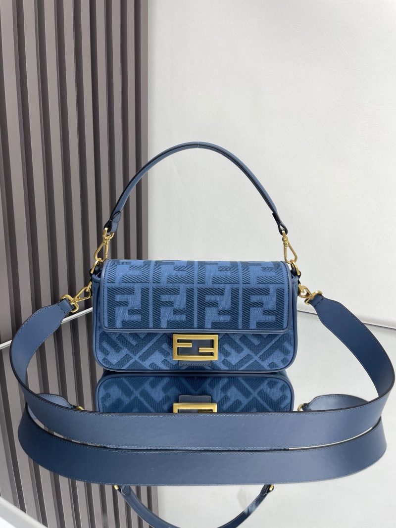 Fendi Baguette Blue Canvas Bag 27 with FF Embroidery Ghw