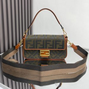 Fendi Baguette Green Canvas Bag 27 with FF Embroidery Ghw