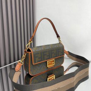 Fendi Baguette Green Canvas Bag 27 with FF Embroidery Ghw